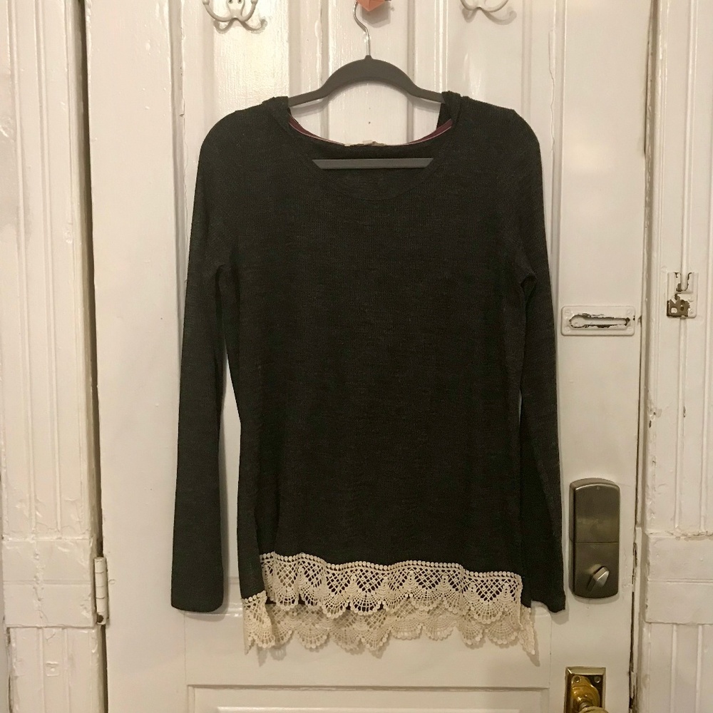 Dark Gray Sweater with Cream Lace Detailing